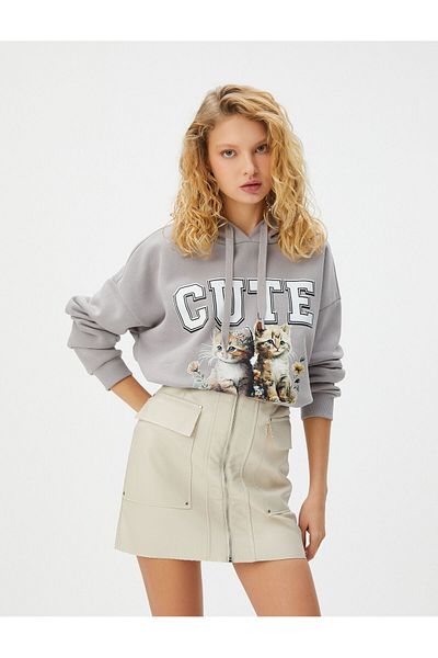 Koton Cat Printed Hooded Sweatshirt Long Sleeve Cotton Blended Relaxed Fit