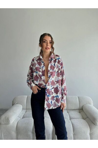 Genel Markalar Voil Çiçek Baskılı Saten Gömlek Gül Kurusu