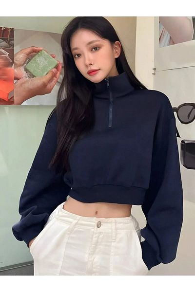 npLStore Hanorac crop oversize cu jumătate de fermoar neimprimat