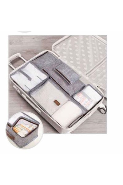 ALAS Set of 6 Gray Leather Detailed Suitcase and Luggage Organizer