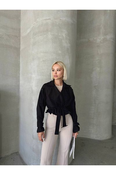 Fav Style Trenci negru crop - cu detaliu de centură și nasturi