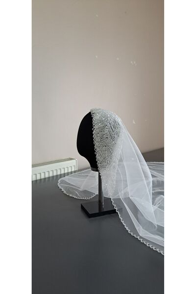 ZEN DUVAK Kırık Beyaz Başlıklı Kristal Boncuk İşlemeli Gelin Duvağı