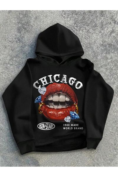 AEMİ Hanorac negru supradimensionat unisex cu glugă - imprimat Chicago
