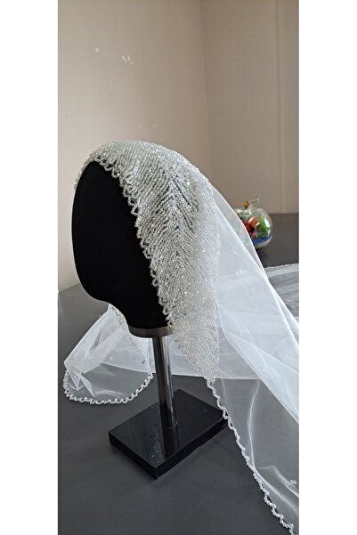 ZEN DUVAK Kırık Beyaz Başlıklı Kristal Boncuk İşlemeli Gelin Duvağı