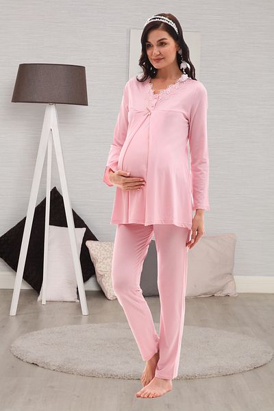 lohusahamile Pink Long Sleeve Maternity Pajama Set - Hidden Nursing Pocket
