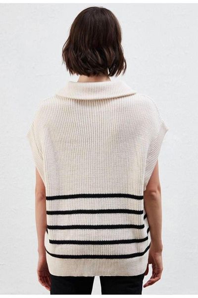 berceste Women's Cream Black Striped Zippered Collar Sweater