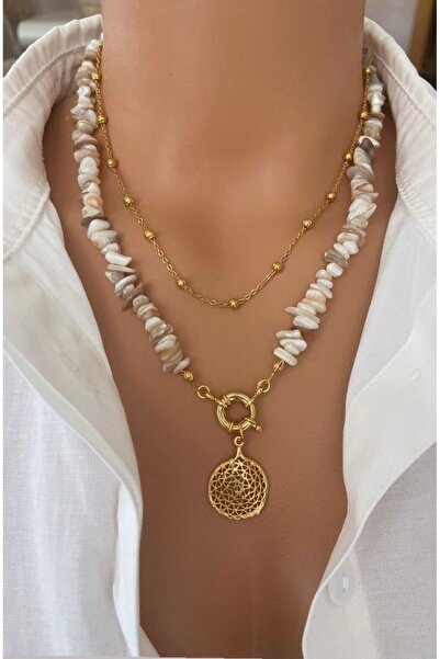 TARZ-I TAKI (İKİ KOLYE) Doğal Taş Kırık Taşı & Çelik Zincir Gold Tasarım Kadı...