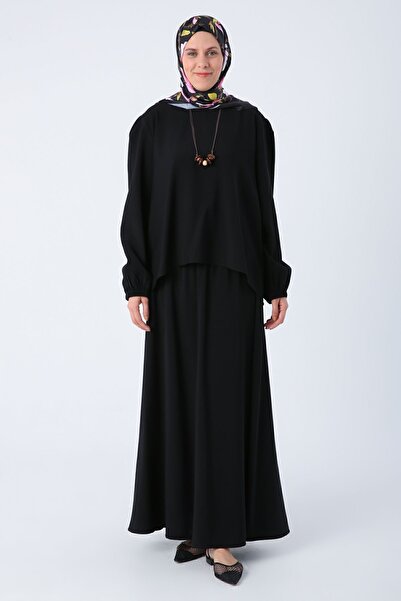 ALLDAY Černý pohodlný sukně s velkým náhrdelníkem a nabíraným rukávem