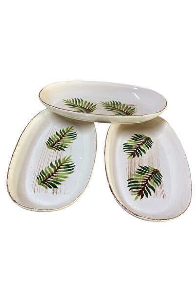 MTD SERAMİK 27 Cm Antique Leaf Patterned Boat Plate - 3 Pieces