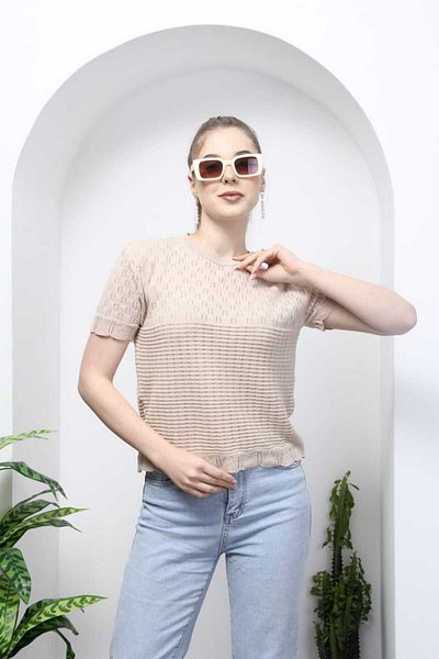 Bracha Lace Detail Openwork Short Sleeve Crew Neck Knitwear Blouse