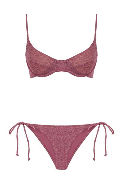 AQUELLA Lurex Büzgülü Balenli Fuşya Bikini Takım