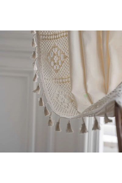 Perdeplus Bohemian Rustic Style - 100% Cotton Background Curtain, Single Wing Lace and Tassel Detail