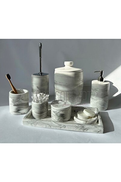 Ture Concept Комплект за баня с мраморна визия Кошче за боклук, Четка за тоалетна, Тава, Сапунерка, Държач за памук, Държач за кран