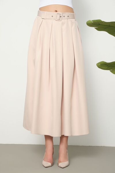 SIMO CLUB Kadın Kloş Pilili Kaplama Kemerli Etek