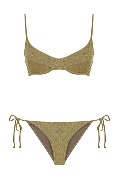 AQUELLA Lurex Büzgülü Balenli Bronz Gold Bikini Takım
