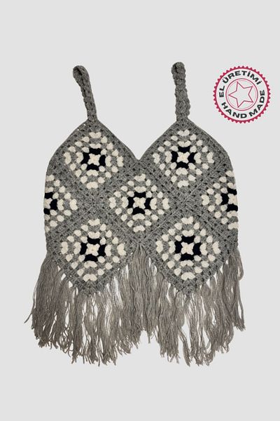 Uretti - Star 7202 Πλεκτή Χειροποίητη Crop Μπλούζα - Γκρι