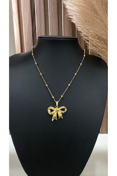 JustGAF Gold / Gold Color Bow End Ball Chain 316L Steel Necklace