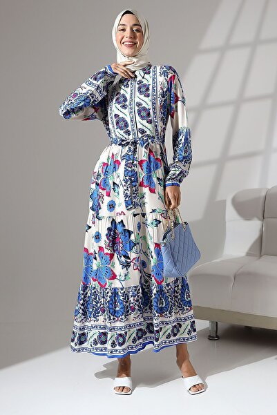 Mihran Butik 100% viszkóz alkalmi és kényelmes hosszú virágmintás gombos övgalléros tüll nyári ruha