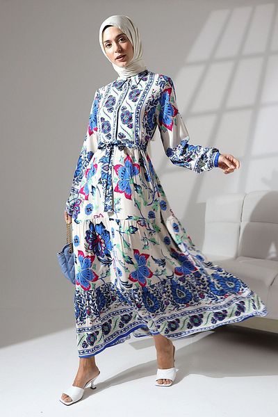 Mihran Butik 100% viscoză, ocazională și confortabilă, rochie de vară lungă cu imprimeu floral, cu nasturi, cu gât în talie