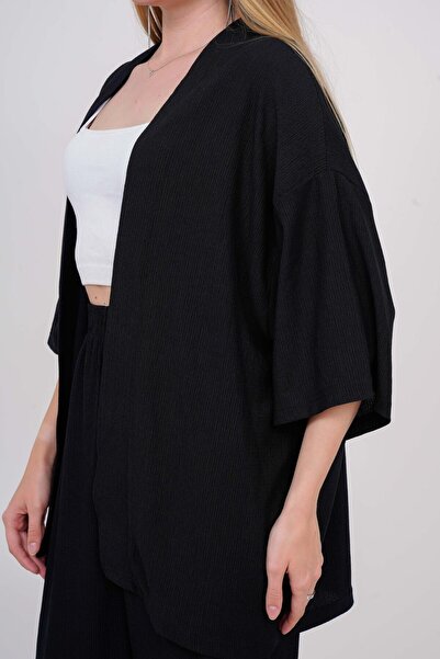 SevdeUgur Women's Black Seersucker Bottom Top Double Set / Sevde Ugur