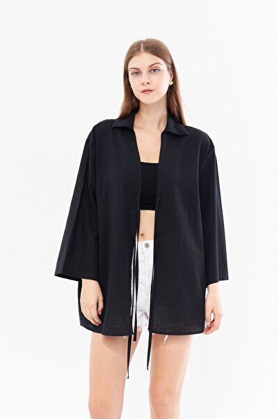 SevdeUgur Women's Black Linen Lace-Up Kimono / Sevde Ugur