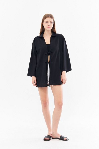 SevdeUgur Kimono cu șireturi din in negru pentru femei / Sevde Ugur