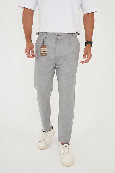 BROCARD Ανδρικό γκρι ιταλικό κομμένο Boyfriend Fit Άνετο καλοκαιρινό υφασμάτινο παντελόνι με ζώνη με αγκράφα