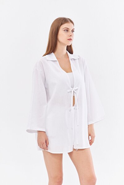 SevdeUgur Γυναικείο λευκό λινό κορδόνι κιμονό / Sevde Ugur