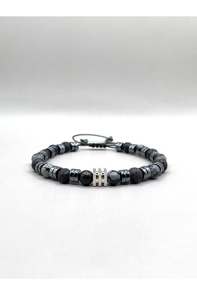 OSMANLI DOĞAL TAŞ Snowy Obsidian-Hematite-Lav Stone Natural Stone Men's Bracelet