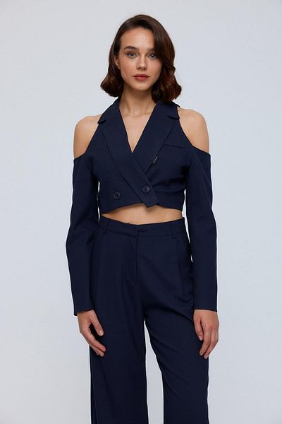 Tuba Butik Navy Blue Crop Women's Jacket - Shoulder Detail