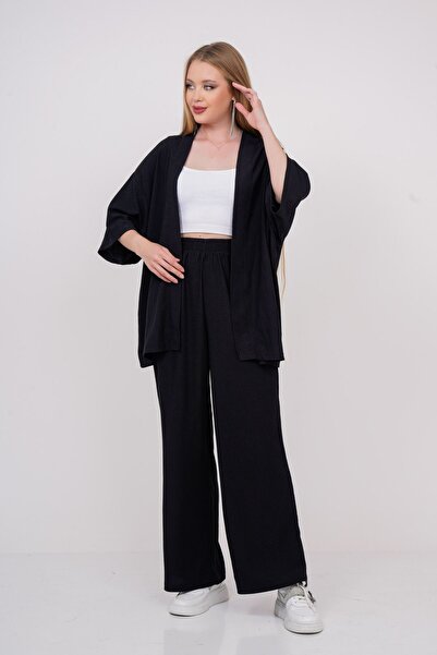 SevdeUgur Women's Black Seersucker Bottom Top Double Set / Sevde Ugur