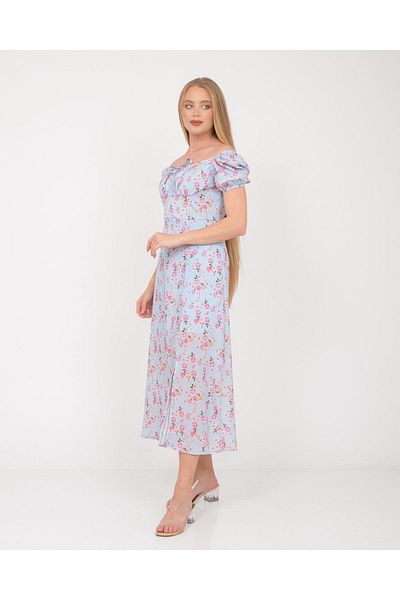 SevdeUgur Rochie de damă, albastră, roz, florală, lungime midi, cu fantă / Sevde Ugur