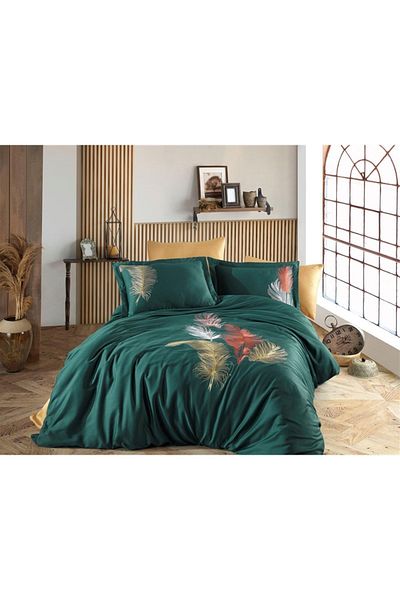 Dantela Cotton Satin Double Duvet Cover Set - Iz Green