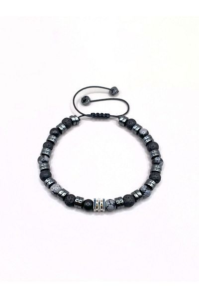 OSMANLI DOĞAL TAŞ Snowy Obsidian-Hematite-Lav Stone Natural Stone Men's Bracelet
