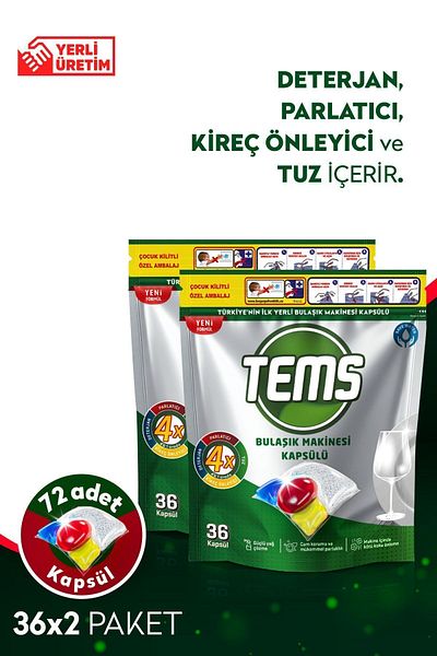 TEMS 4 Effect Dishwasher Capsules Detergent 72 Pack (2X 36 Pack)