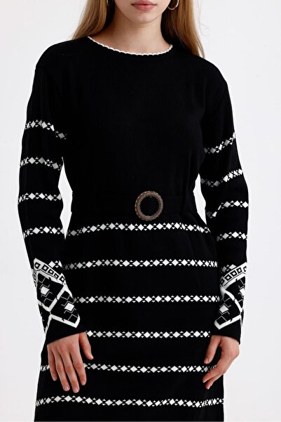 ikomteks Çizgi Desen Triko Elbise