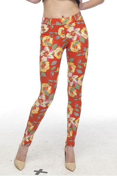 FSM1453 Women's Cotton Red Floral Jean Trousers Leggings - 4818