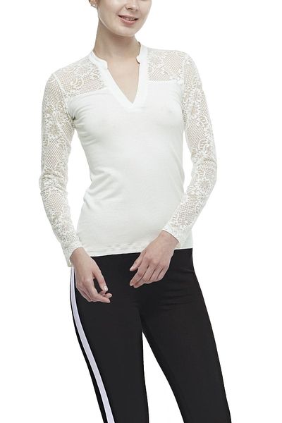 FSM1453 Women's Modal V-neck Long Sleeve Lace Lycra Top - 2233