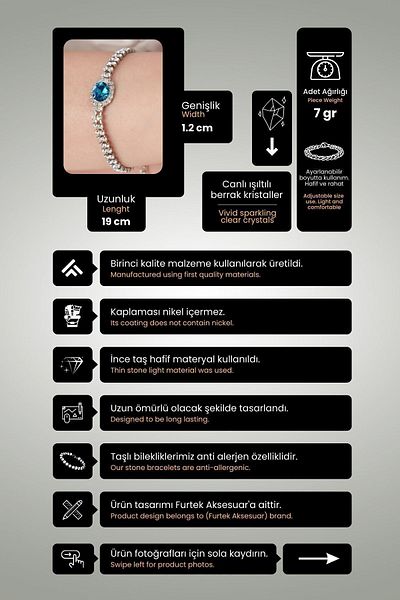 Furtek Aksesuar Women's Turquoise Stella Model Zircon Stone Silver Evening Dress Daily Party Prom Date Combination Bracelet