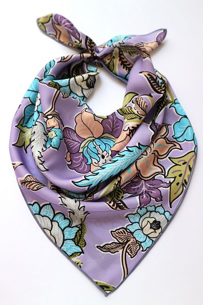 THE MOON LilacVeganSilk Scarf - Turquoise Flower Patterned Chrysanthemum