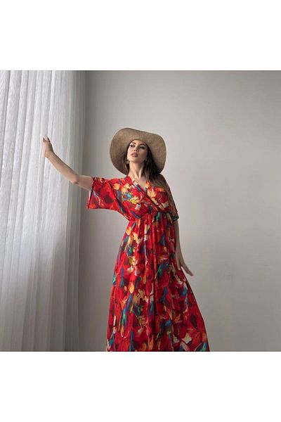 asur boutique Asur Boutique - Colorful Floral Patterned Viscose Women's Dress with Slit