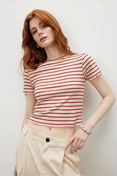 TUBİA Ecru Red Striped Crop