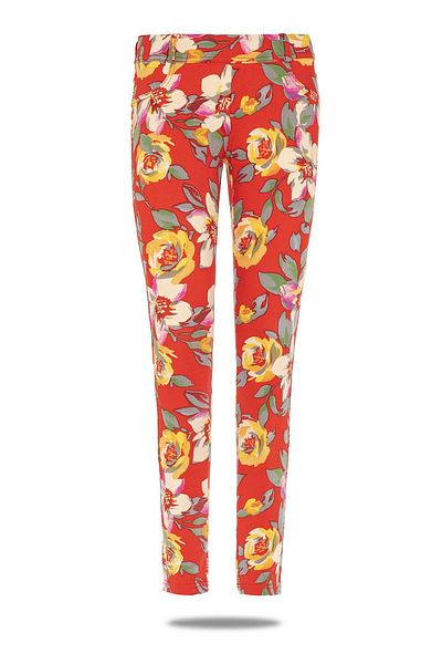 FSM1453 Women's Cotton Red Floral Jean Trousers Leggings - 4818