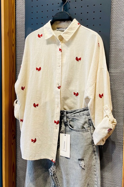 FEMELLE Beige Women's Shirt - 75% Cotton, 25% Linen, Watermelon Embroidery Em...