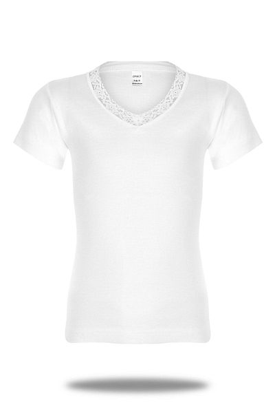 FSM1453 Girl's Cotton Ribbed V-neck Short Sleeve Lace Undershirt 6 Pcs -260