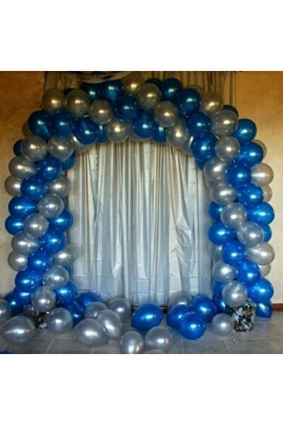 Minika Party Store 100 Pieces 12 Inch Metallic Blue Silver Balloon 5 mt Balloon Chain