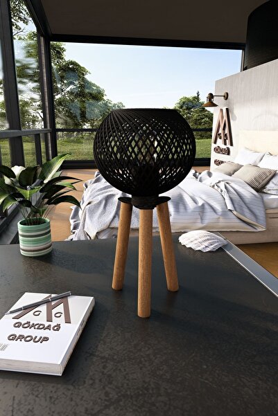 Naturel Lighting Ahşap Üç Ayaklı Tripod Abajur Siyah Top Başlıklı Aydınlatma