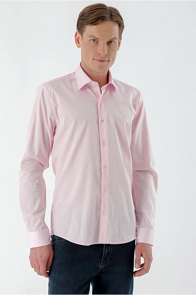 Morven Men's Pink Cotton Satin Plain Pattern Slim Fit Shirt