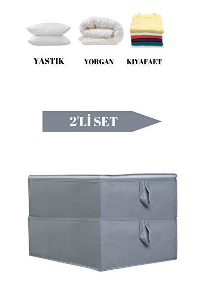 YELLOW STARY HOME DECOR 2'Li Antrasit Çekyat Baza Tipi Yastık Yorgan Saklama Hurcu-Baza Altı Düzenleyici Hurcu 65x45x22 cm