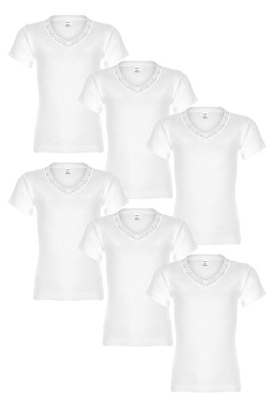 FSM1453 Girl's Cotton Ribbed V-neck Short Sleeve Lace Undershirt 6 Pcs -260